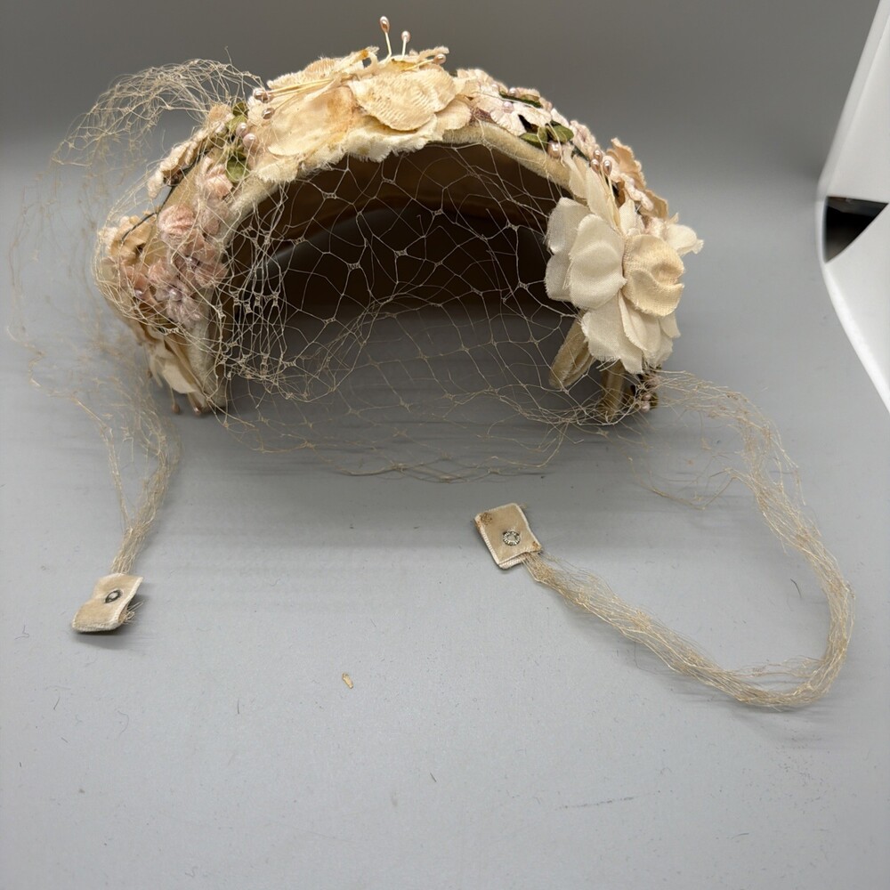 Vintage 1950s Floral Bridal Half Hat Birdcage Veil Velvet Flowers Calot Clips